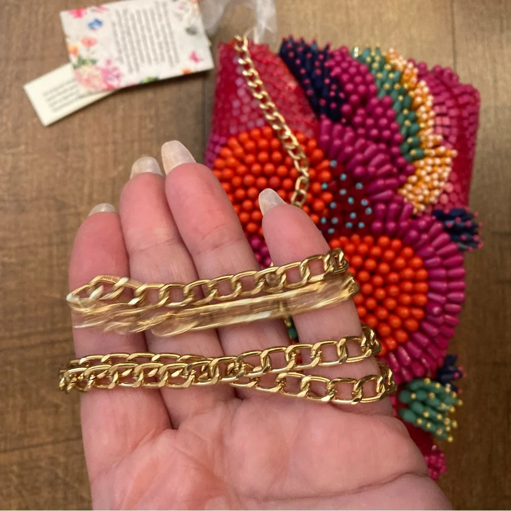 Handcrafted in India NWT Tropical Beaded Clutch Gold Chain Crossbody Purse Viral